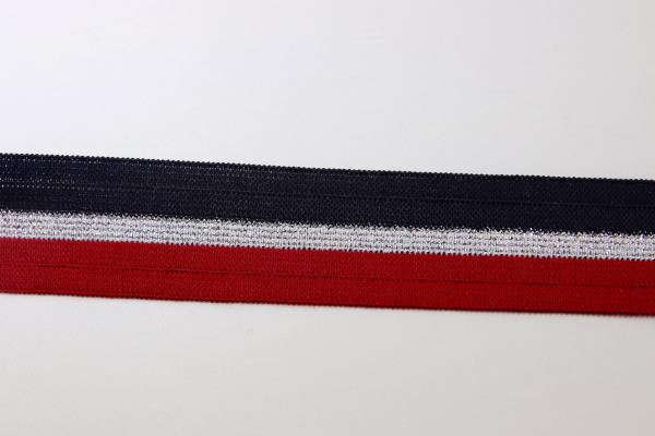 elastische Glam Stripes - blau/rot/silber Lurex - 2,5 cm